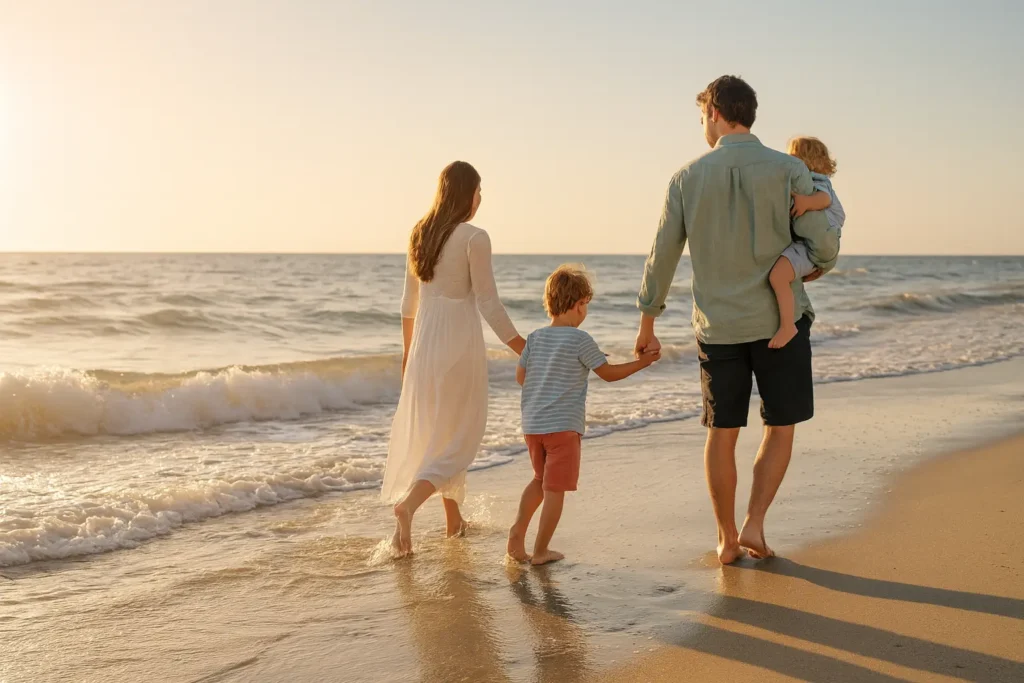 Familia paseando en la playa